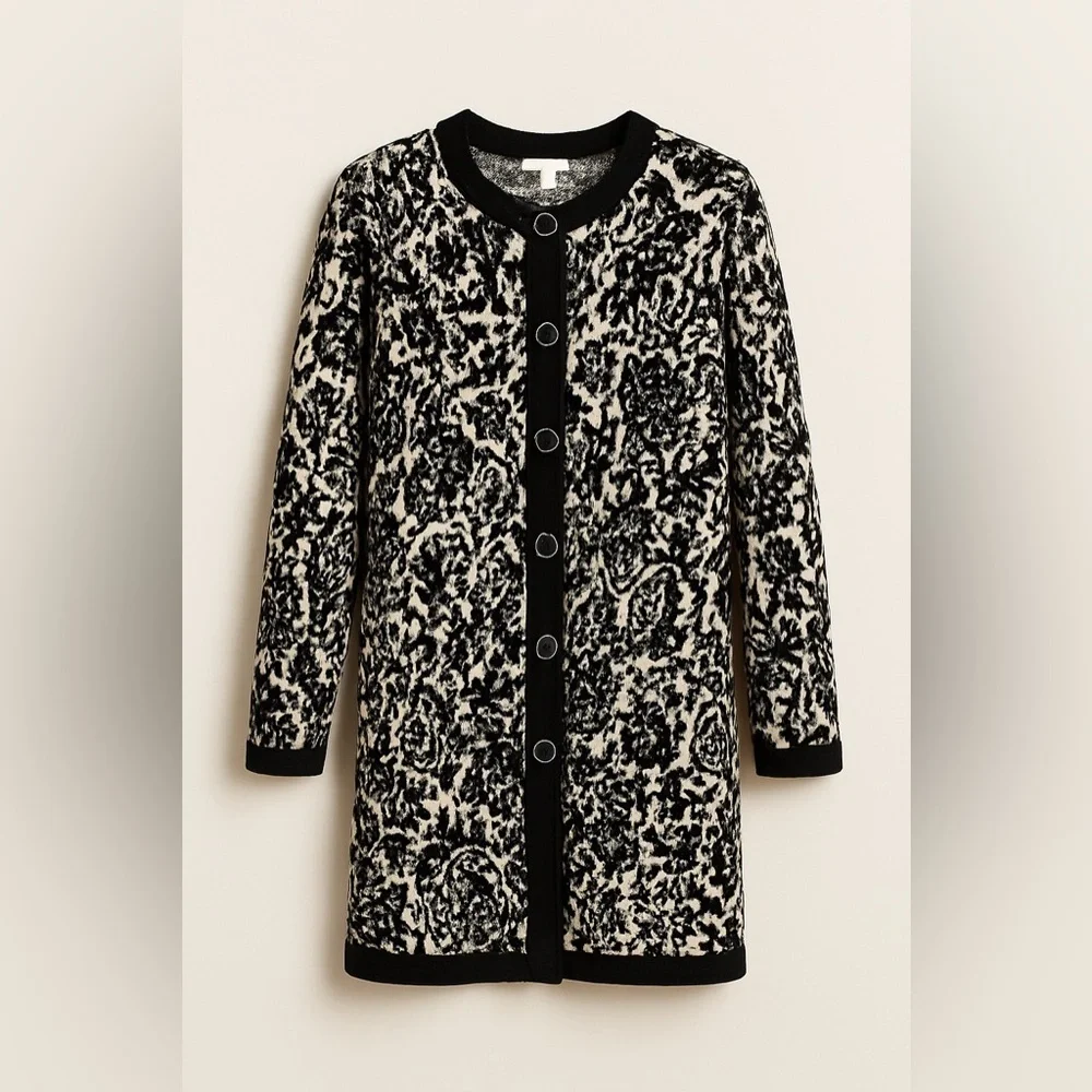 Black White Cardigan Damask Jacquard Sweater Cardigan Classic Casual EUC S #785